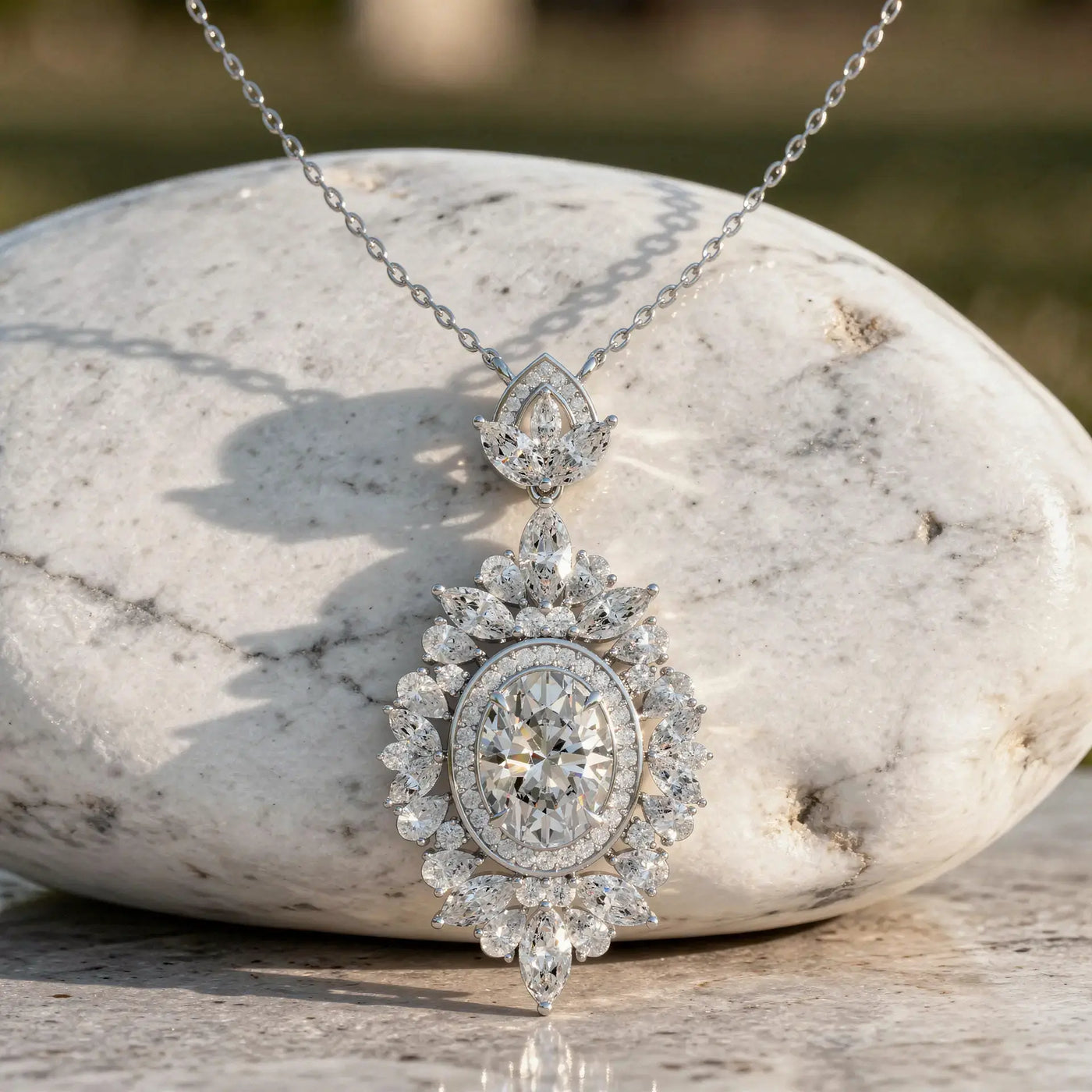 Front-view: Oval Diamond Pendant with Halo Setting in 14k White Gold - Lab Grown - Driona Jewels