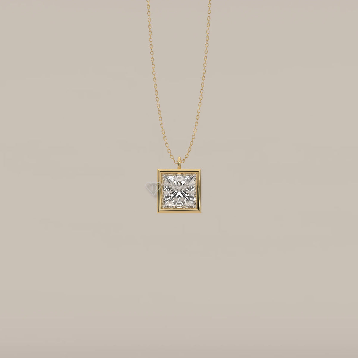A princess-cut diamond pendant on a yellow gold chain