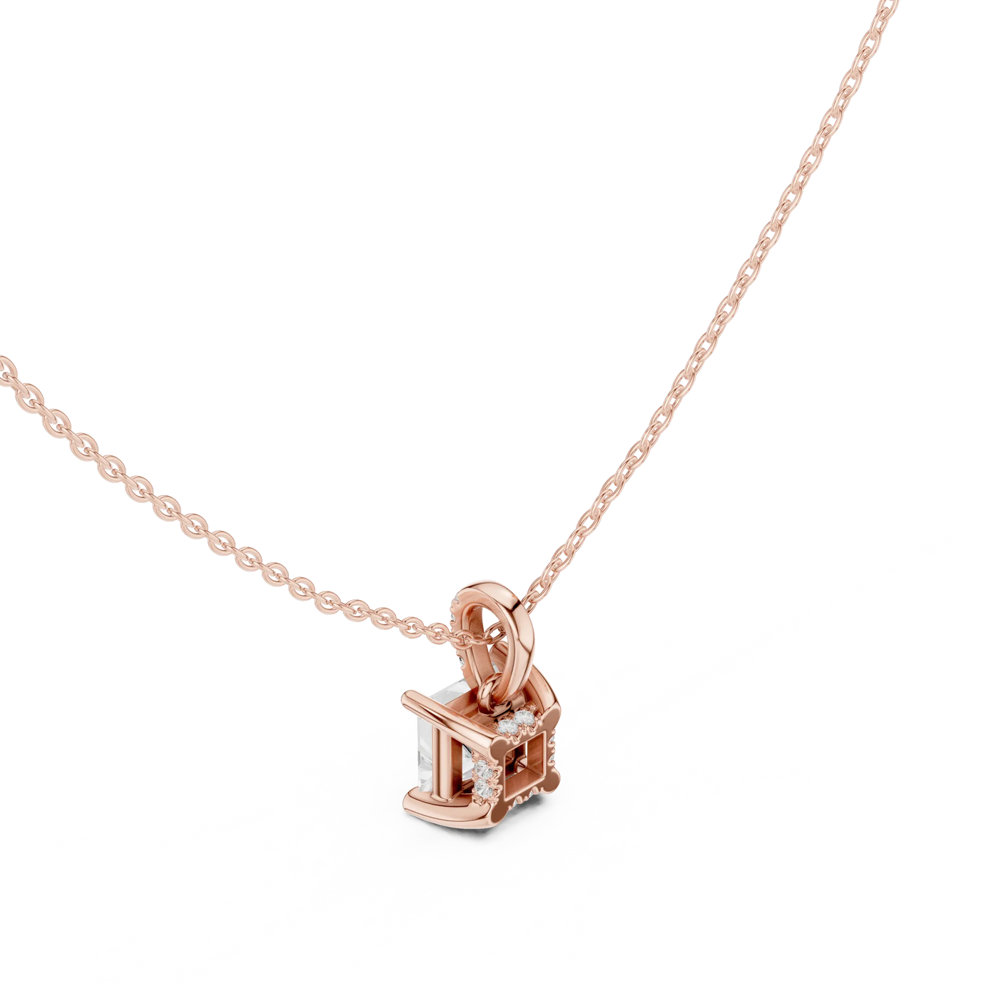 Front-view: Princess Cut Diamond Pendant with Prong Setting in 14k Rose Gold - Lab Grown - Driona Jewels