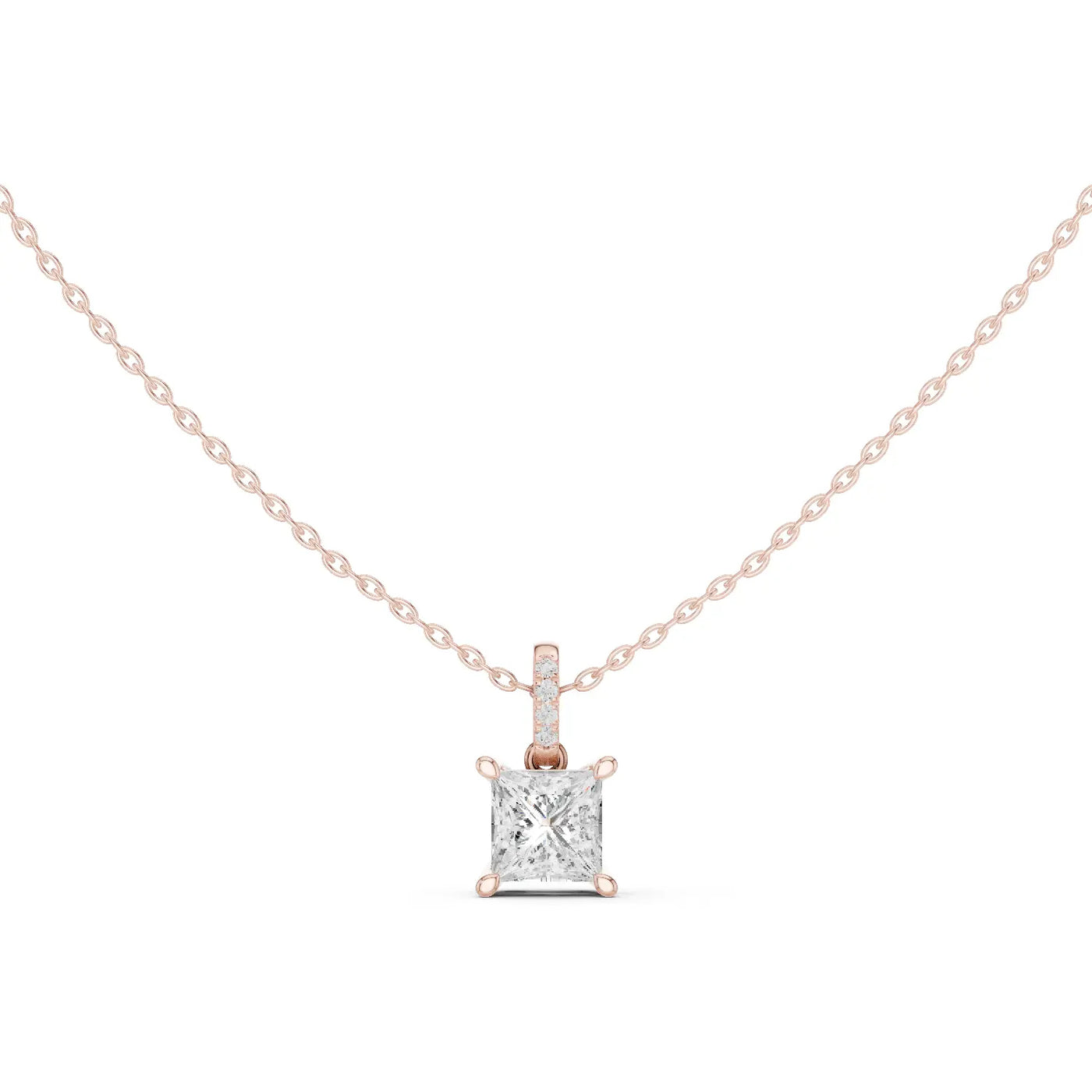 Front-view: Princess Diamond Pendant with Prong Setting in 14k Rose Gold - Lab Grown - Driona Jewels
