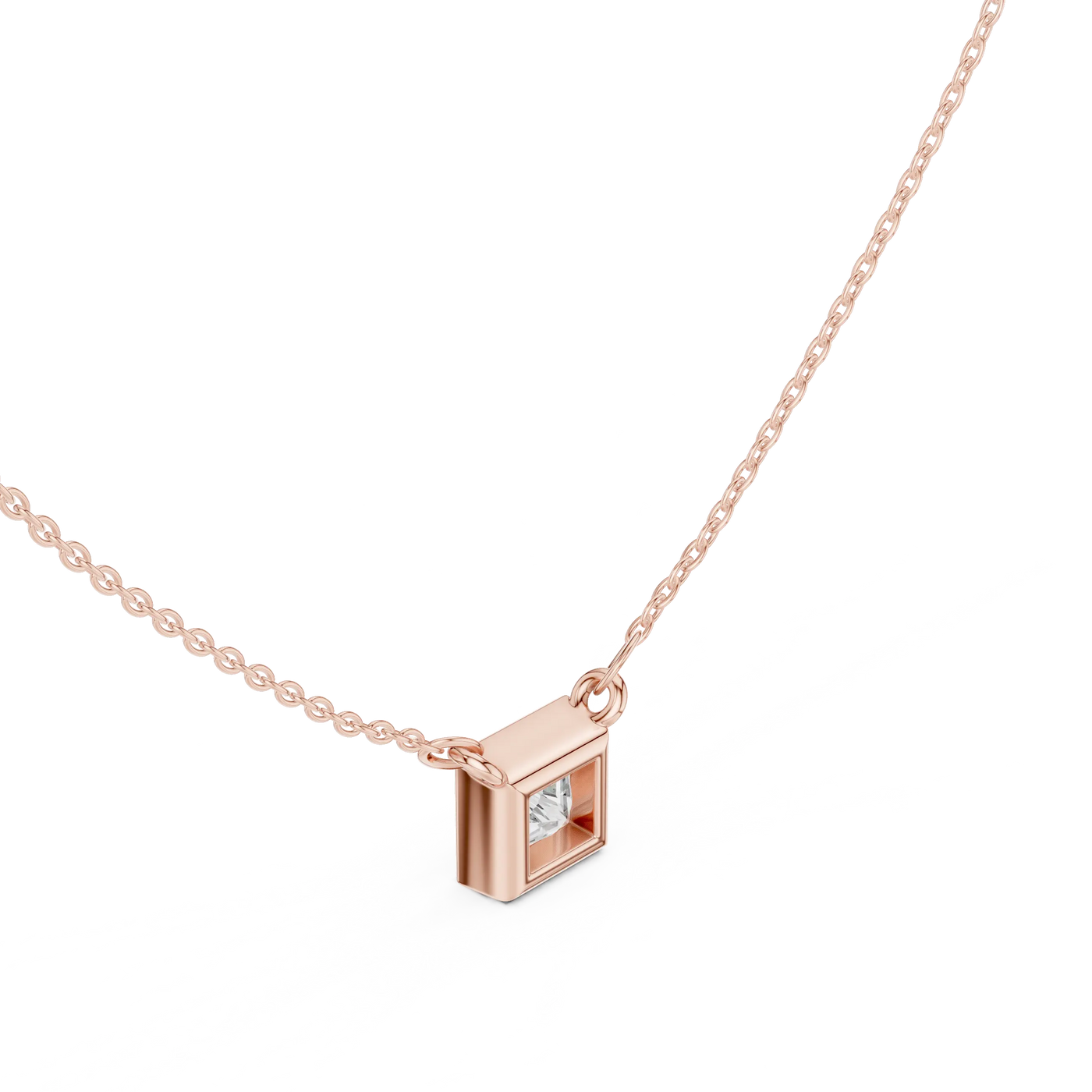 Three-quarter-view: Princess Diamond Pendant with Prong Setting in 14k Rose Gold - Lab Grown - Driona Jewels