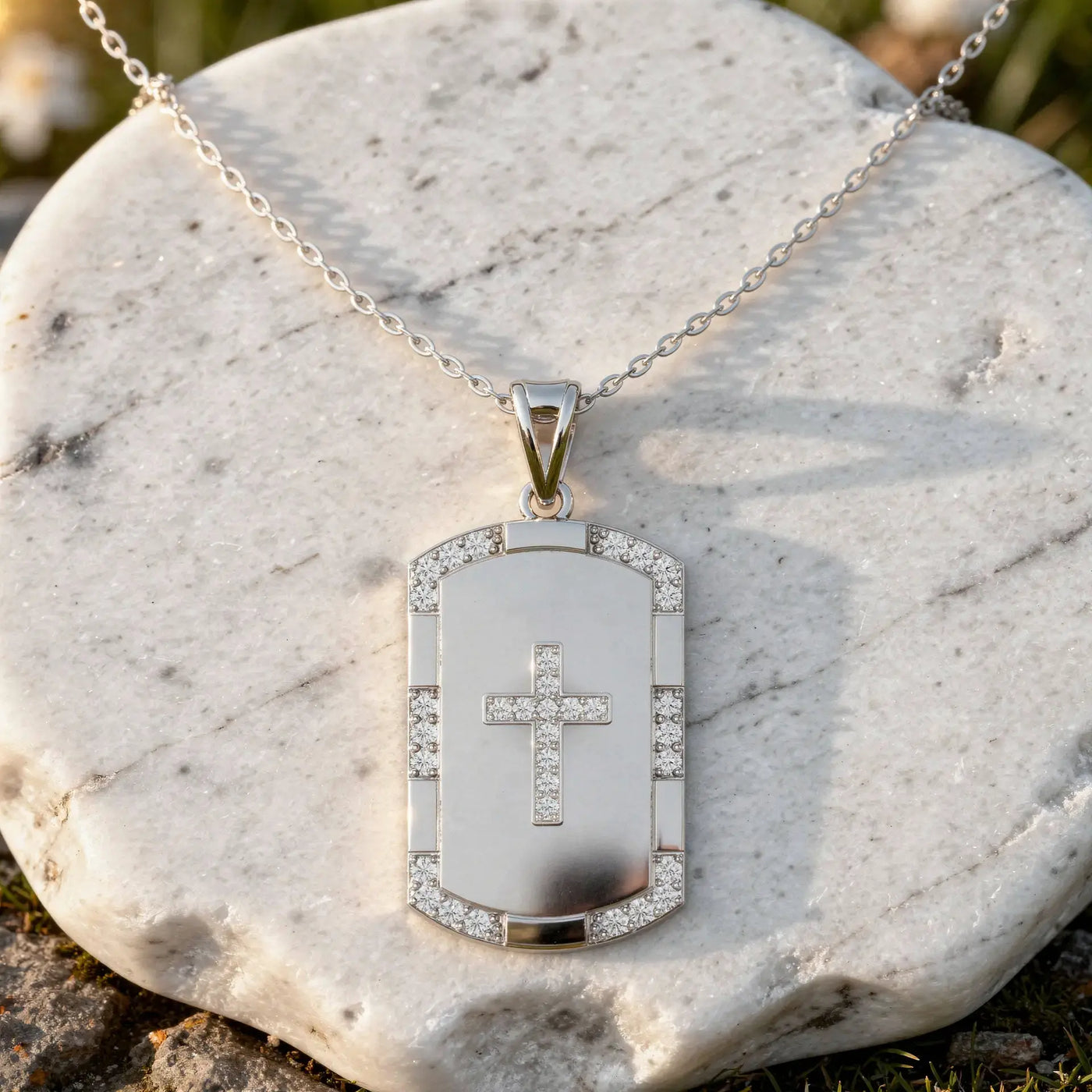 Front-view: Rectangle Diamond Pendant with Pave Setting in 925 Silver - Lab Grown - Driona Jewels