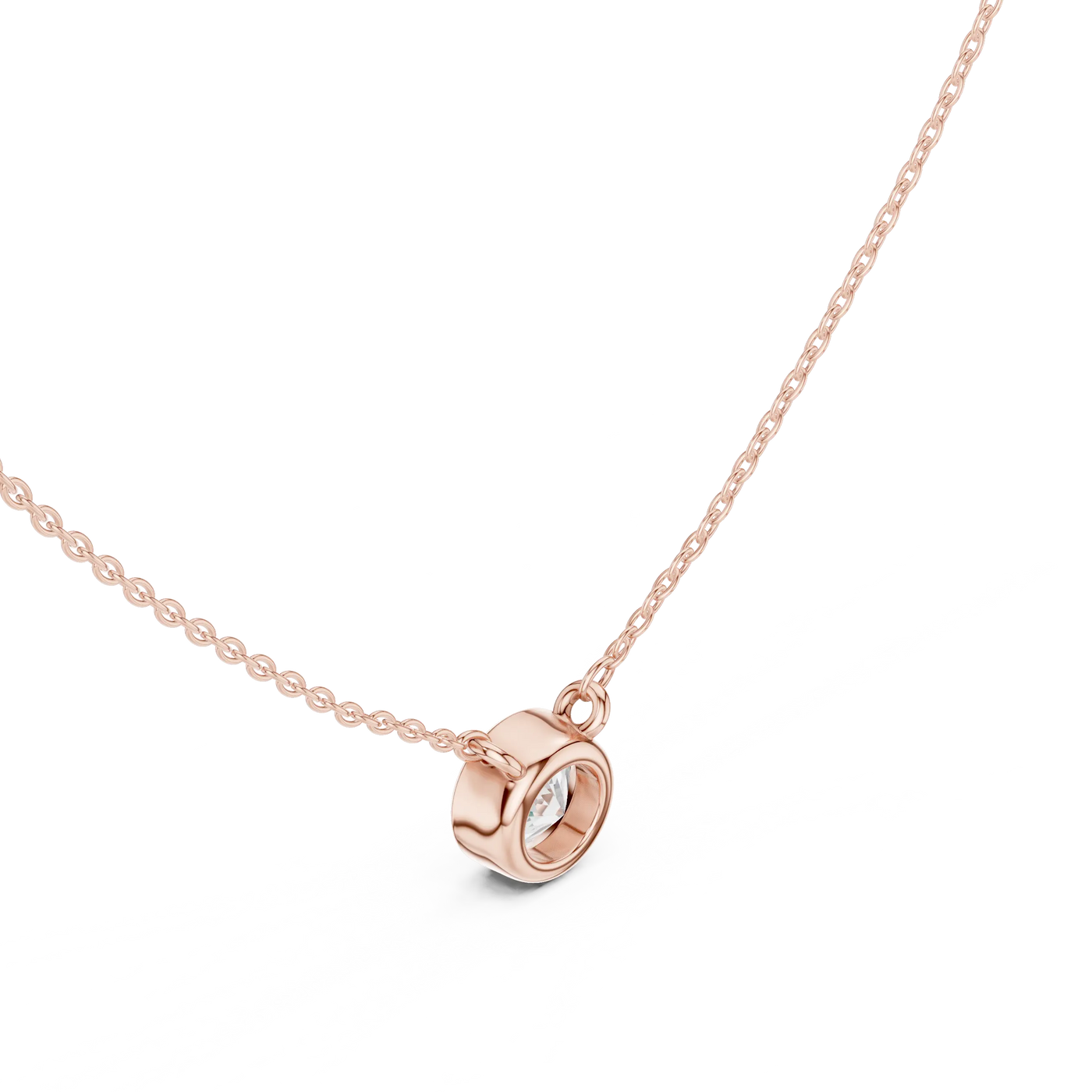 Three-quarter-view: Round Diamond Pendant with Bezel Setting in 14k Rose Gold - Lab Grown - Driona Jewels