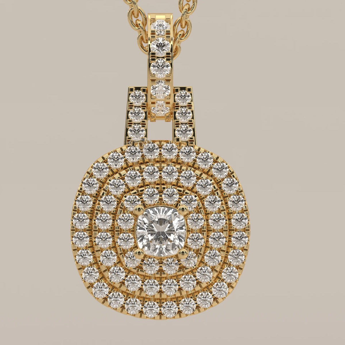 Round diamond pendant with multiple diamond halos in 14k gold.