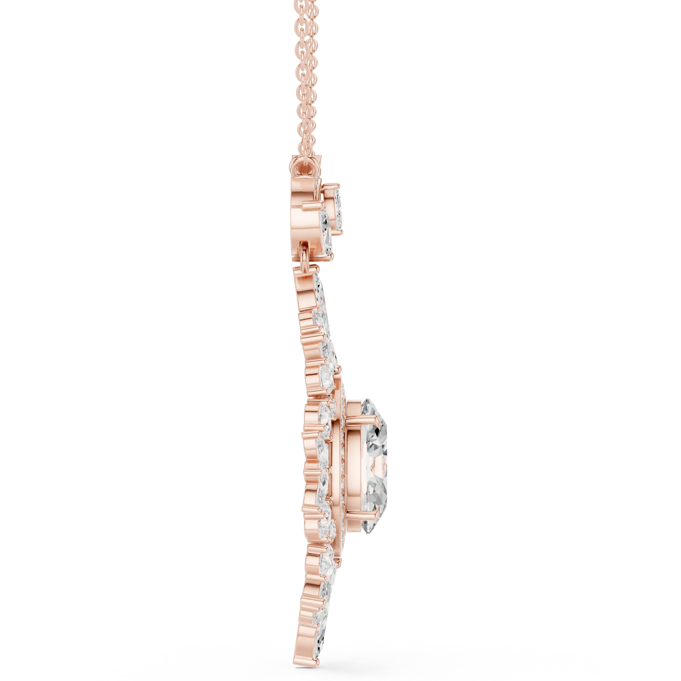 Side-Profile: Round Diamond Pendant with Halo Setting in 14k Rose Gold - Lab Grown - Driona Jewels