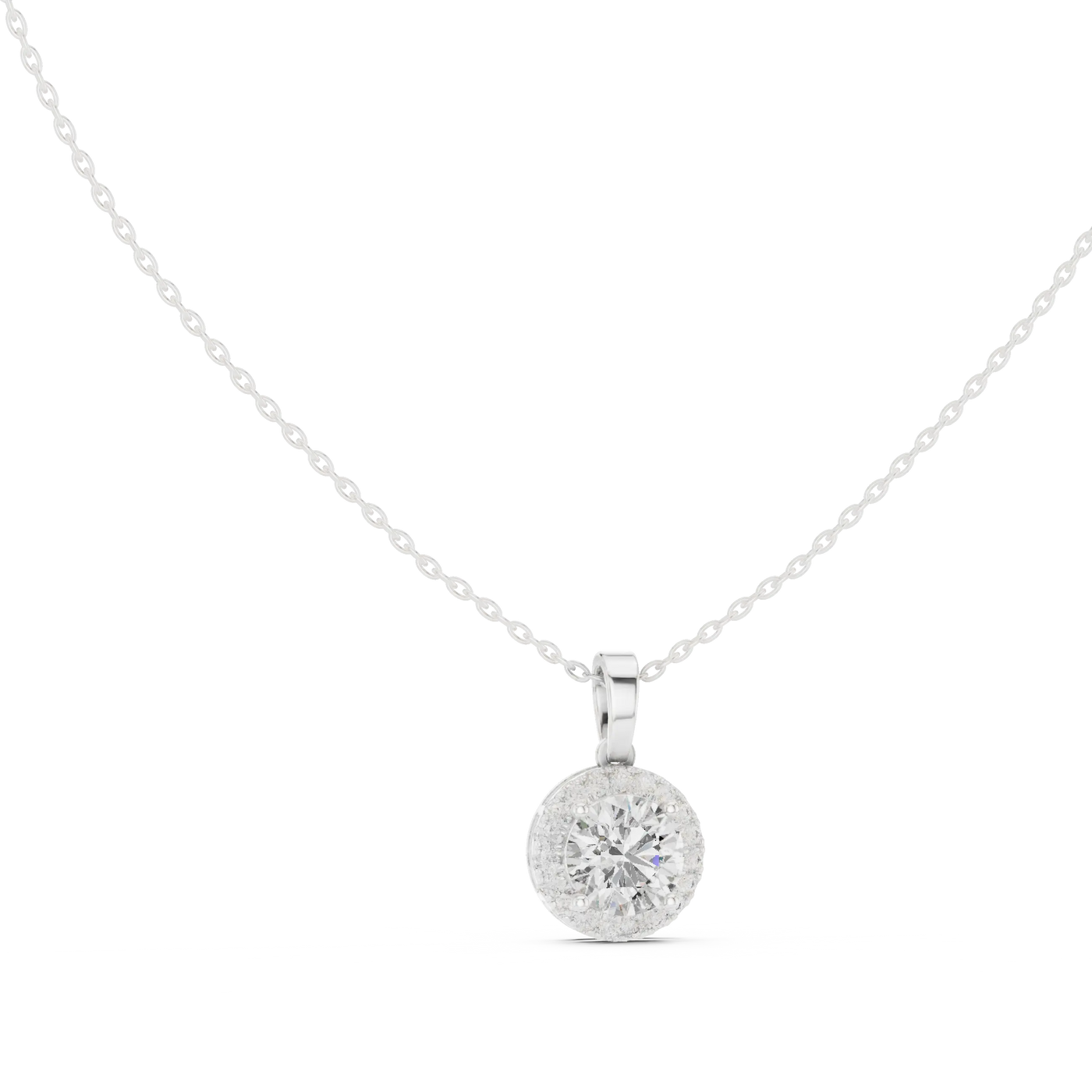Front-view: Round Diamond Pendant with Halo Setting in 14k White Gold - Lab Grown - Driona Jewels