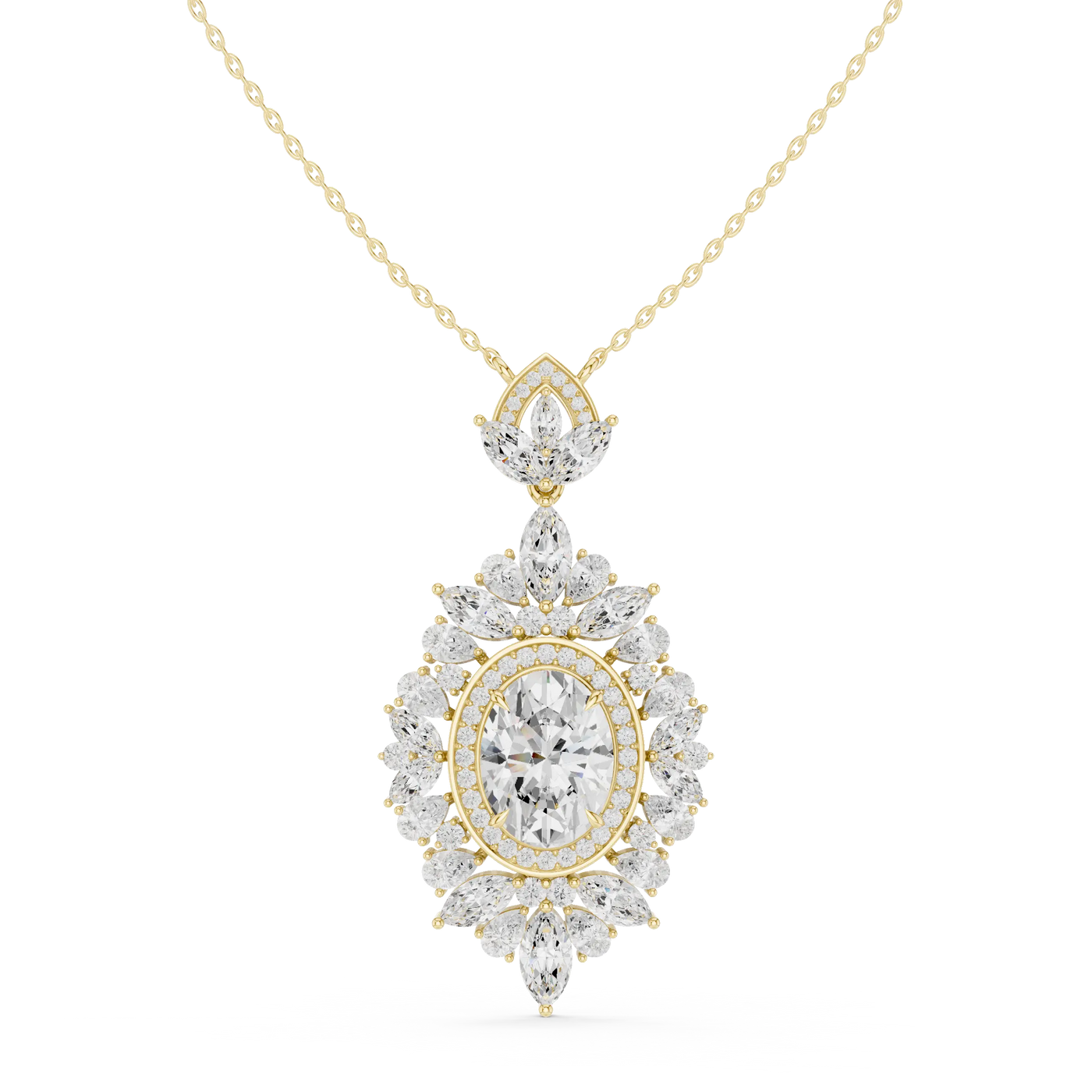 Front: Round Diamond Pendant with Halo Setting in 14k Yellow Gold - Lab Grown - Driona Jewels