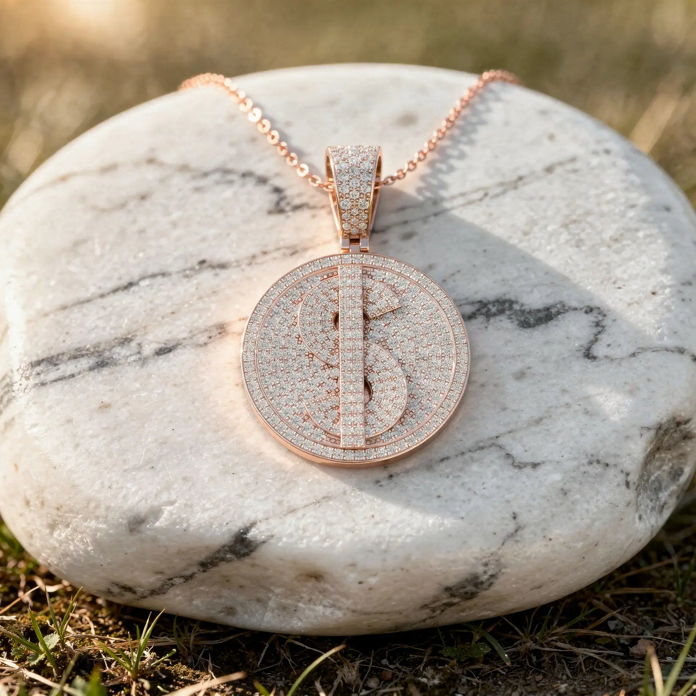 Front-view: Round Diamond Pendant with Pave Setting in 14k Rose Gold - Lab Grown - Driona Jewels