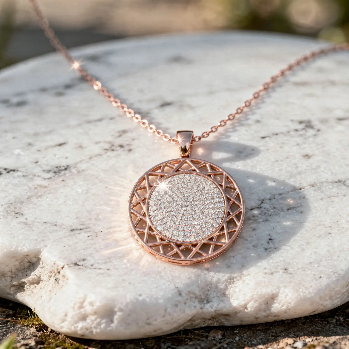 Front-view: Round Diamond Pendant with Pave Setting in 14k Rose Gold - Lab Grown - Driona Jewels