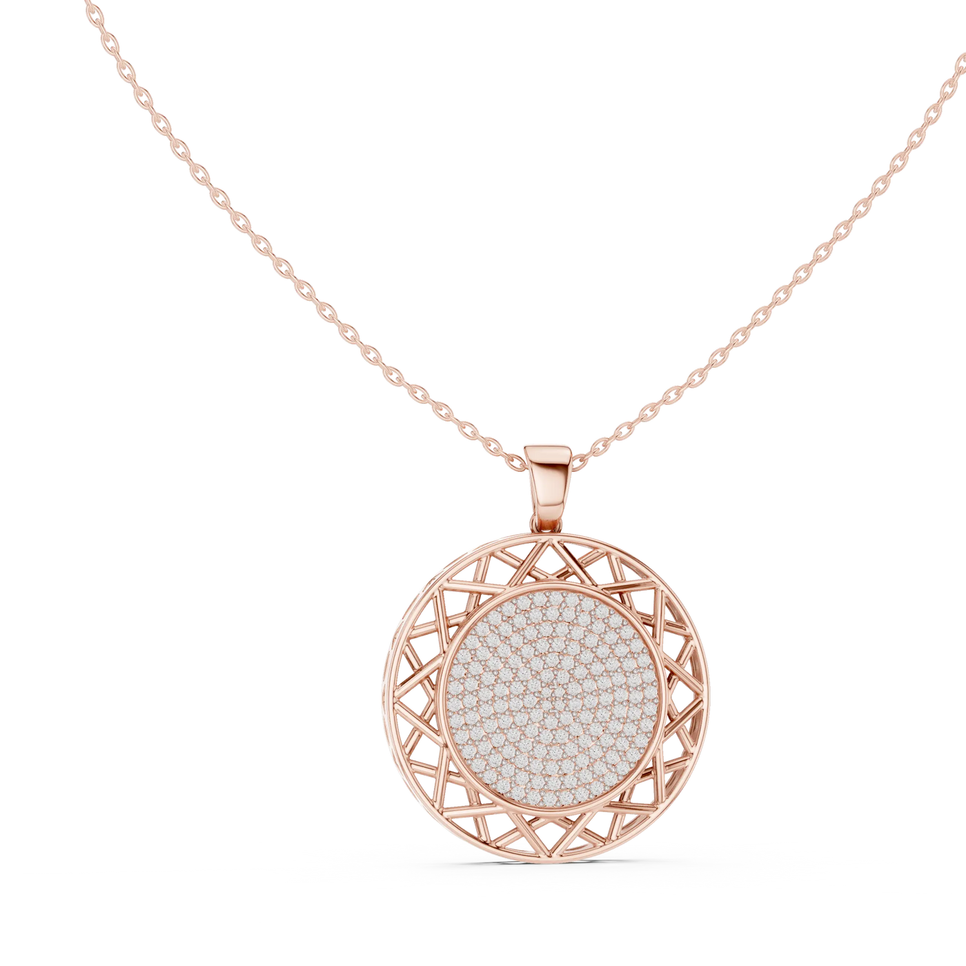 Front View: Round Diamond Pendant with Pave Setting in 14k Rose Gold - Lab Grown - Driona Jewels