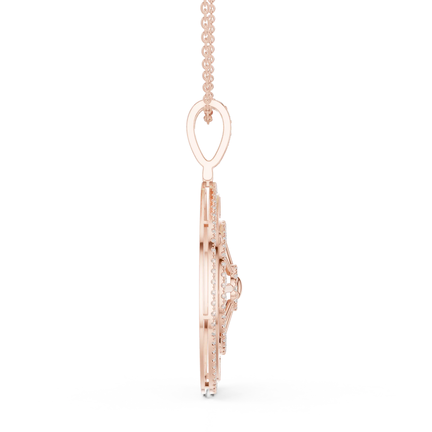 Side-Profile: Round Diamond Pendant with Pave Setting in 14k Rose Gold - Lab Grown - Driona Jewels