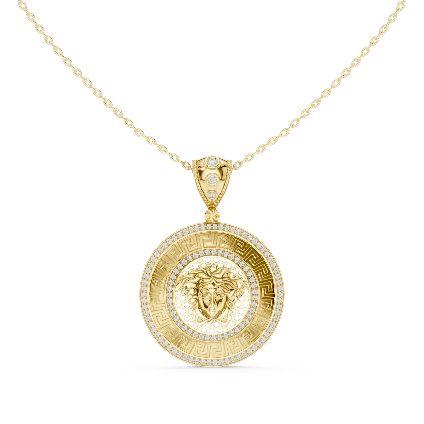 Front: Round Diamond Pendant with Pave Setting in 14k Yellow Gold - Lab Grown - Driona Jewels