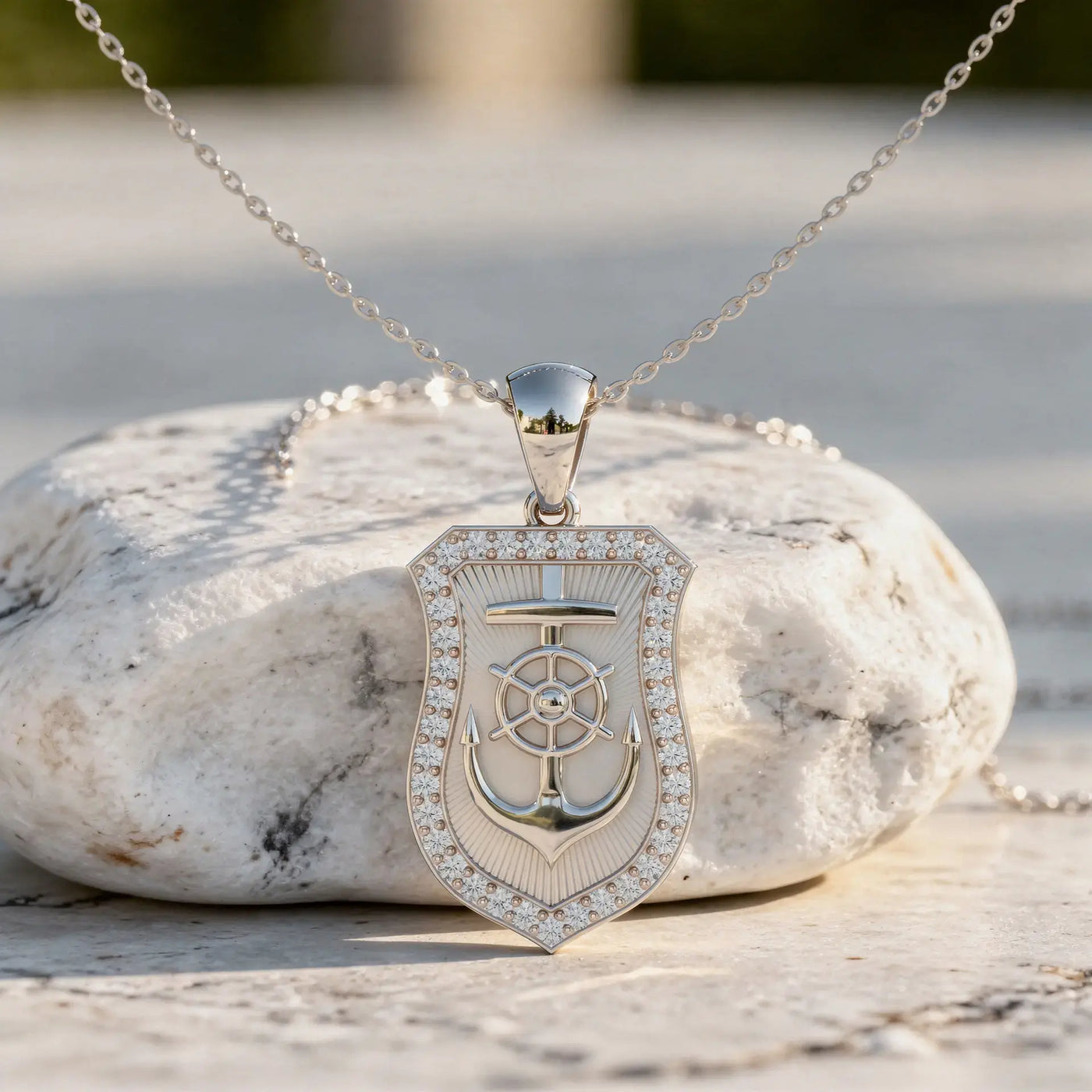 Front-View: Shield Cut Diamond Pendant with Pave Setting in 925 Silver - Lab Grown - Driona Jewels