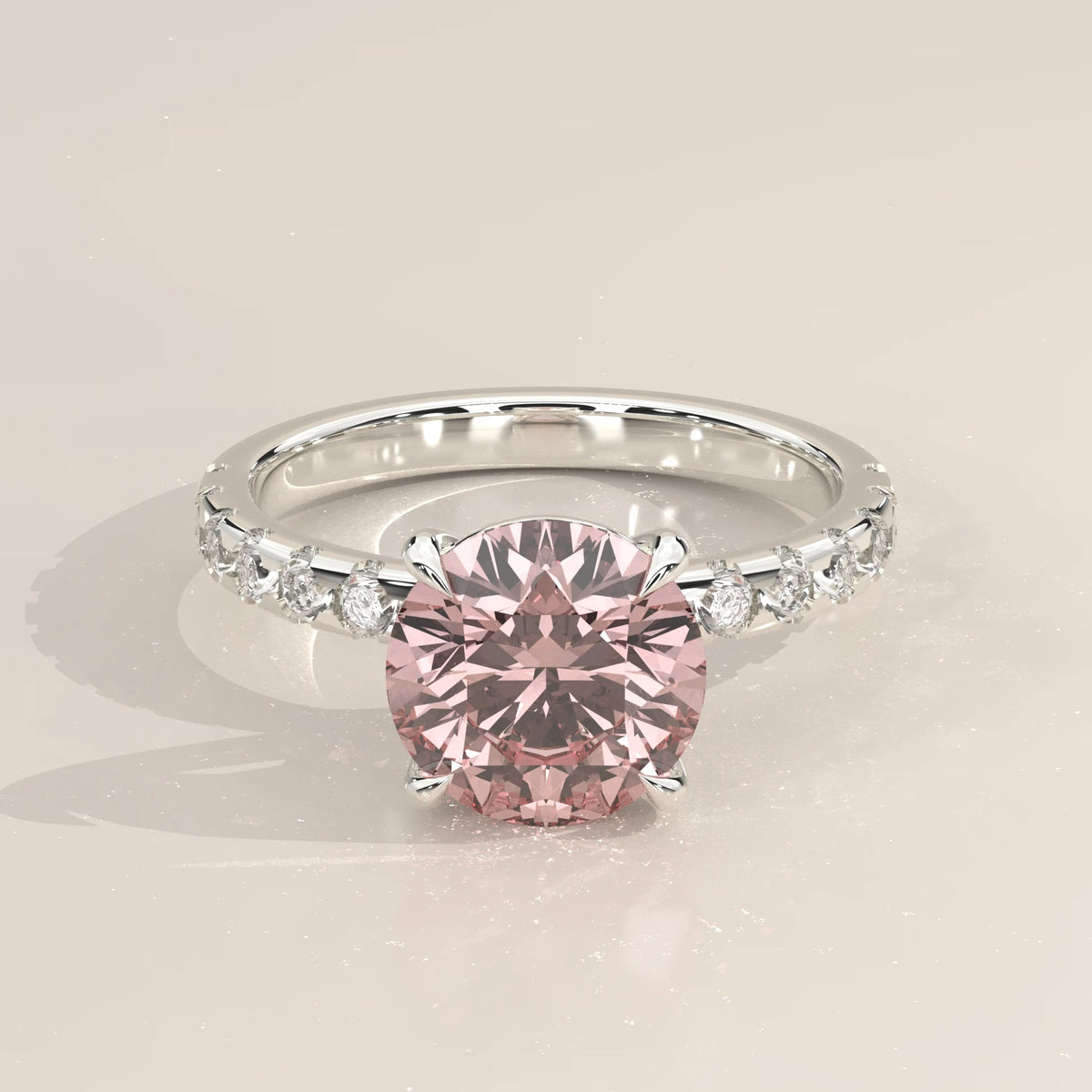 3 carat pink round lab grown diamond engagement ring with pave band, top view