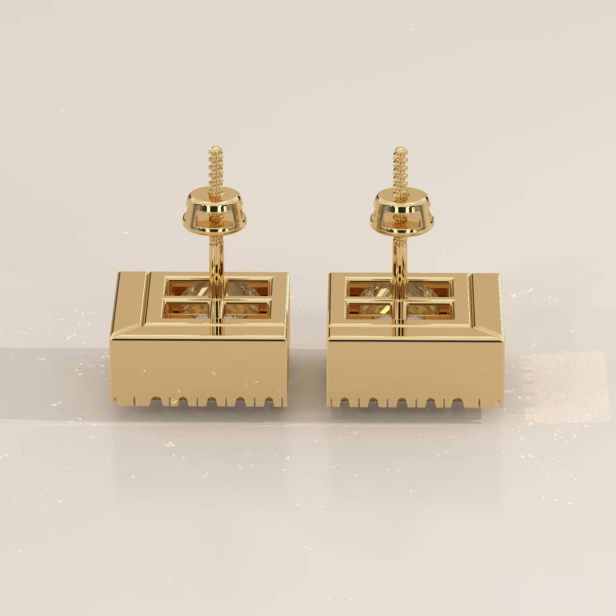 Princess Cut Bezel Lab Grown Diamond Studs with L Shaped Pave Edge in yellow gold, product photograph on a plain background.