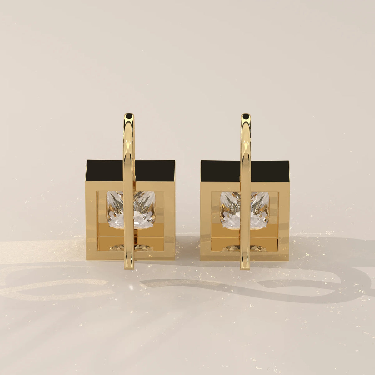 Princess Cut Box Bezel Lab Grown Diamond Drop Earrings on Hook in yellow gold, front view on a plain background.