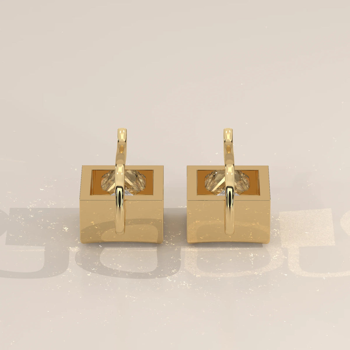 Princess Cut Box Bezel Lab Grown Diamond Drop Earrings on Hook in yellow gold, product photograph on a plain background.