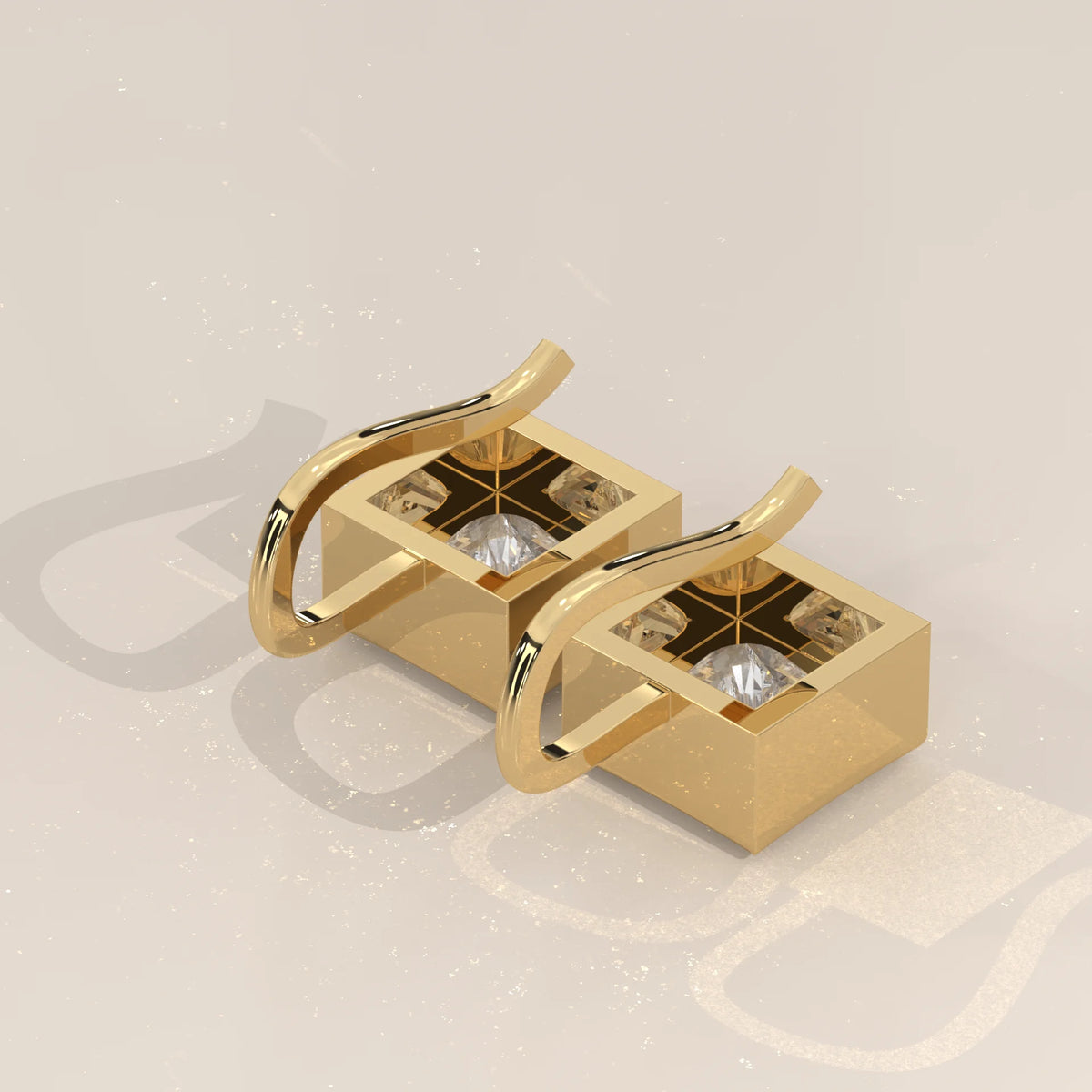 Princess Cut Box Bezel Lab Grown Diamond Drop Earrings on Hook in yellow gold, shown from the side.