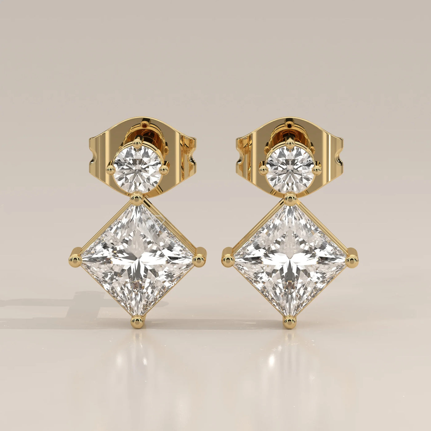 Front View: Princess Diamond Drop Earrings with Prong Setting in Yellow Gold – Lab Grown – Driona Jewels