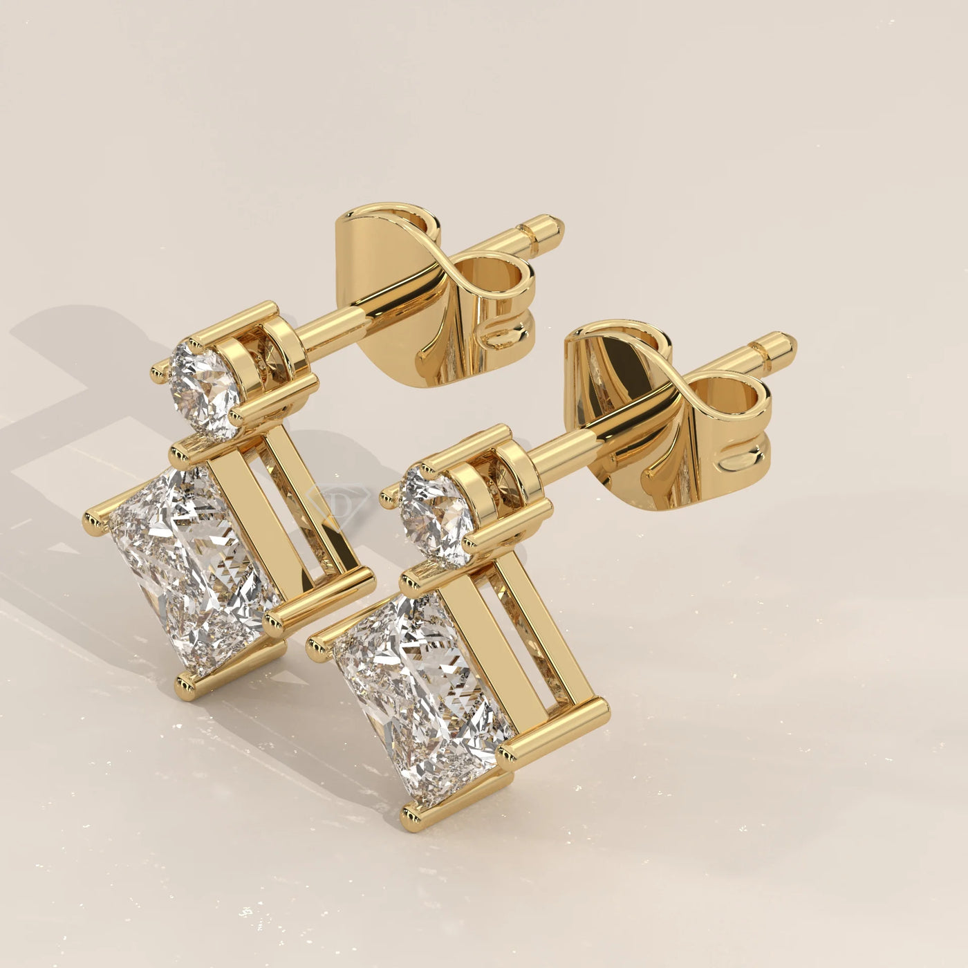 Three-Quarter View: Princess Diamond Drop Earrings with Prong Setting in Yellow Gold – Lab Grown – Driona Jewels