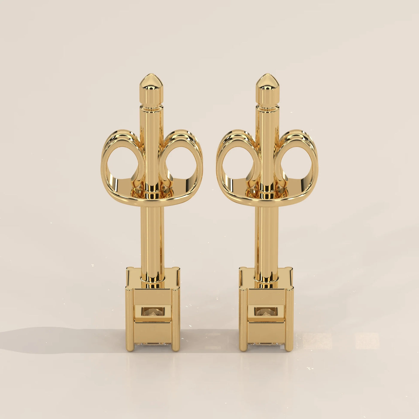 Angle View: Princess Diamond Stud Earrings with Prong Setting in Yellow Gold – Lab Grown – Driona Jewels