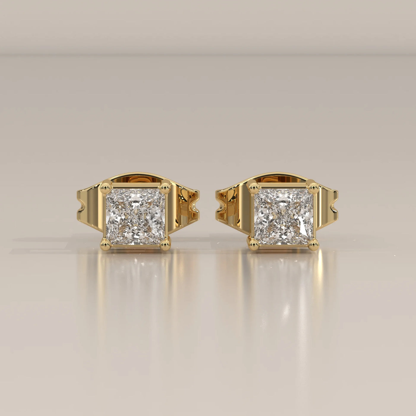 Front View: Princess Diamond Stud Earrings with Prong Setting in Yellow Gold – Lab Grown – Driona Jewels
