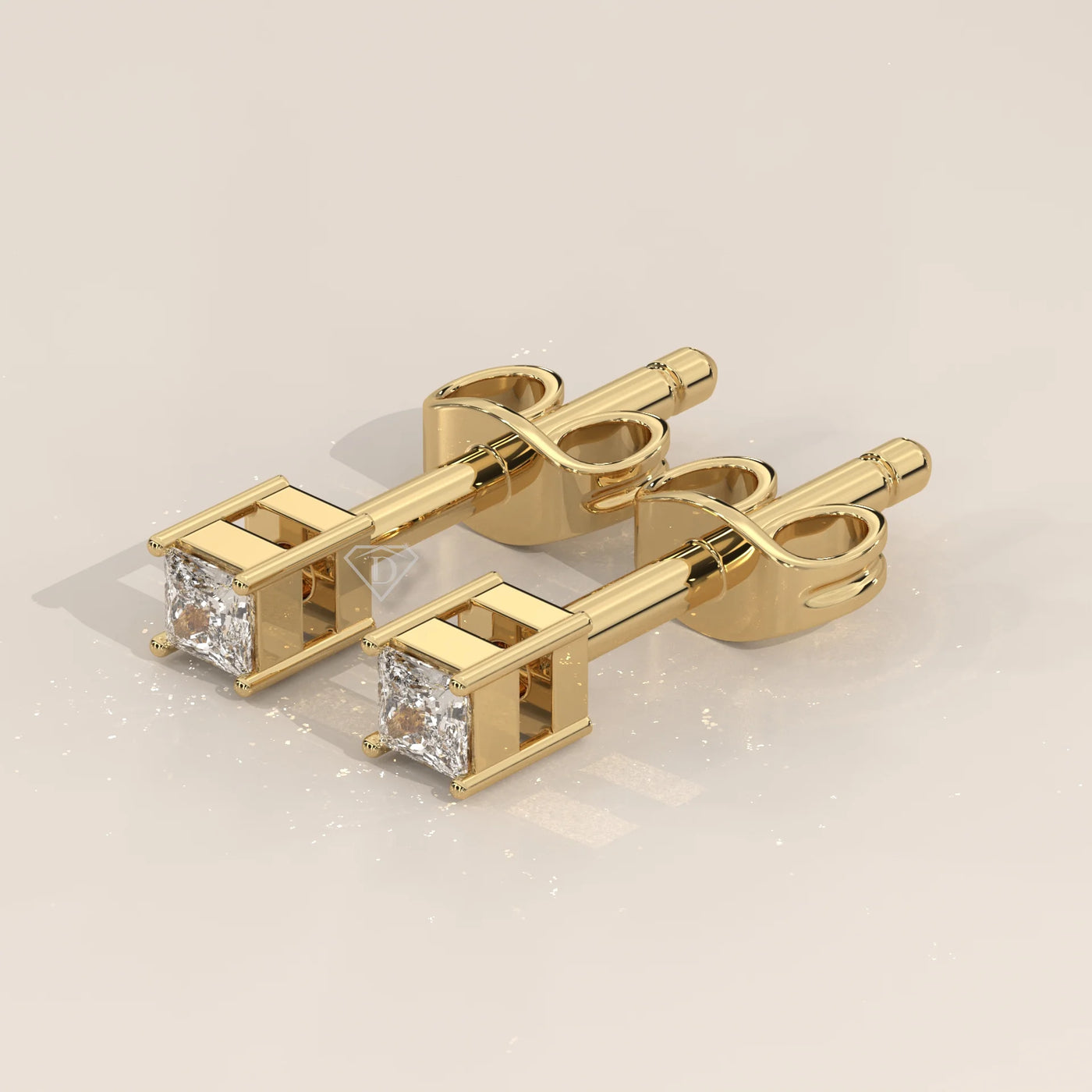 Three-Quarter View: Princess Diamond Stud Earrings with Prong Setting in Yellow Gold – Lab Grown – Driona Jewels