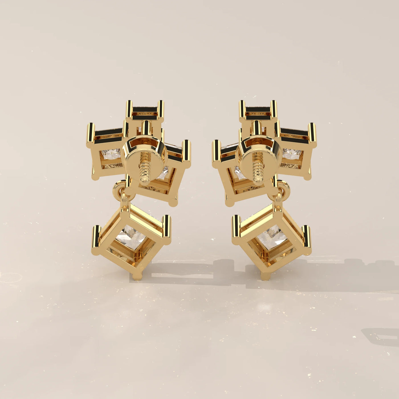 Back View: Princess Diamond Drop Earrings with Prong Setting in Yellow Gold – Lab Grown – Driona Jewels
