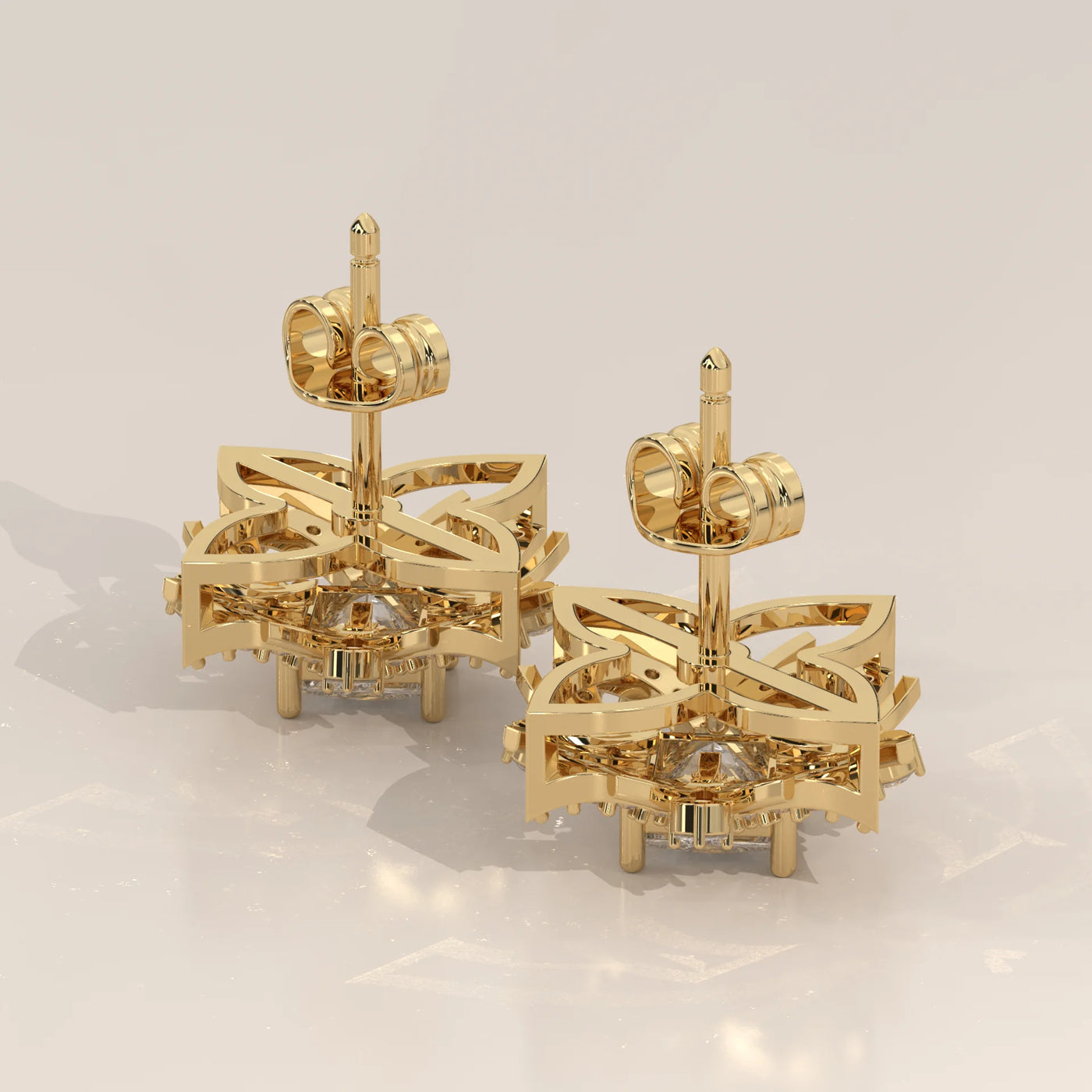 Angle View: Princess Diamond Stud Earrings with Prong Setting in Yellow Gold – Lab Grown – Driona Jewels