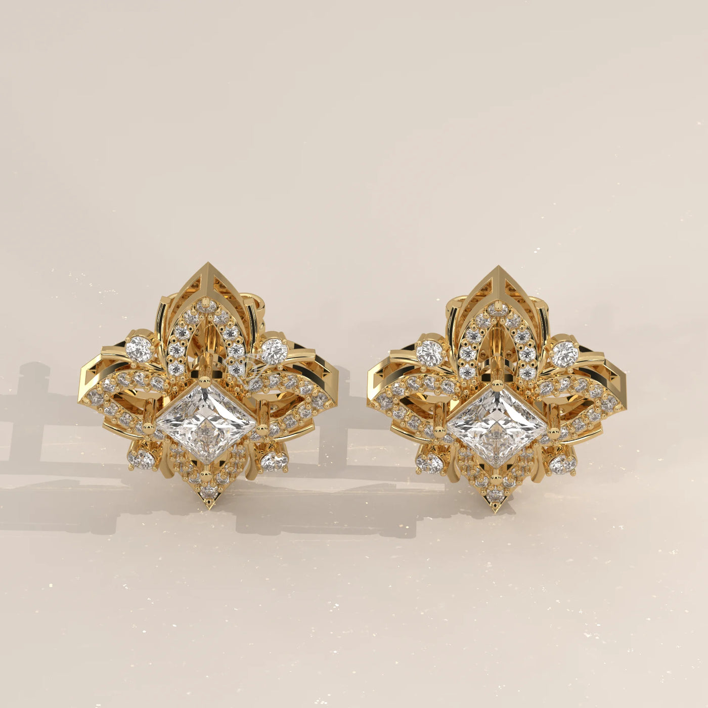 Pair Front View: Princess Diamond Stud Earrings with Prong Setting in Yellow Gold – Lab Grown – Driona Jewels