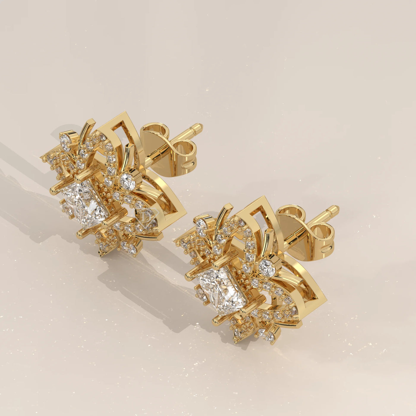 Three-Quarter View: Princess Diamond Stud Earrings with Prong Setting in Yellow Gold – Lab Grown – Driona Jewels