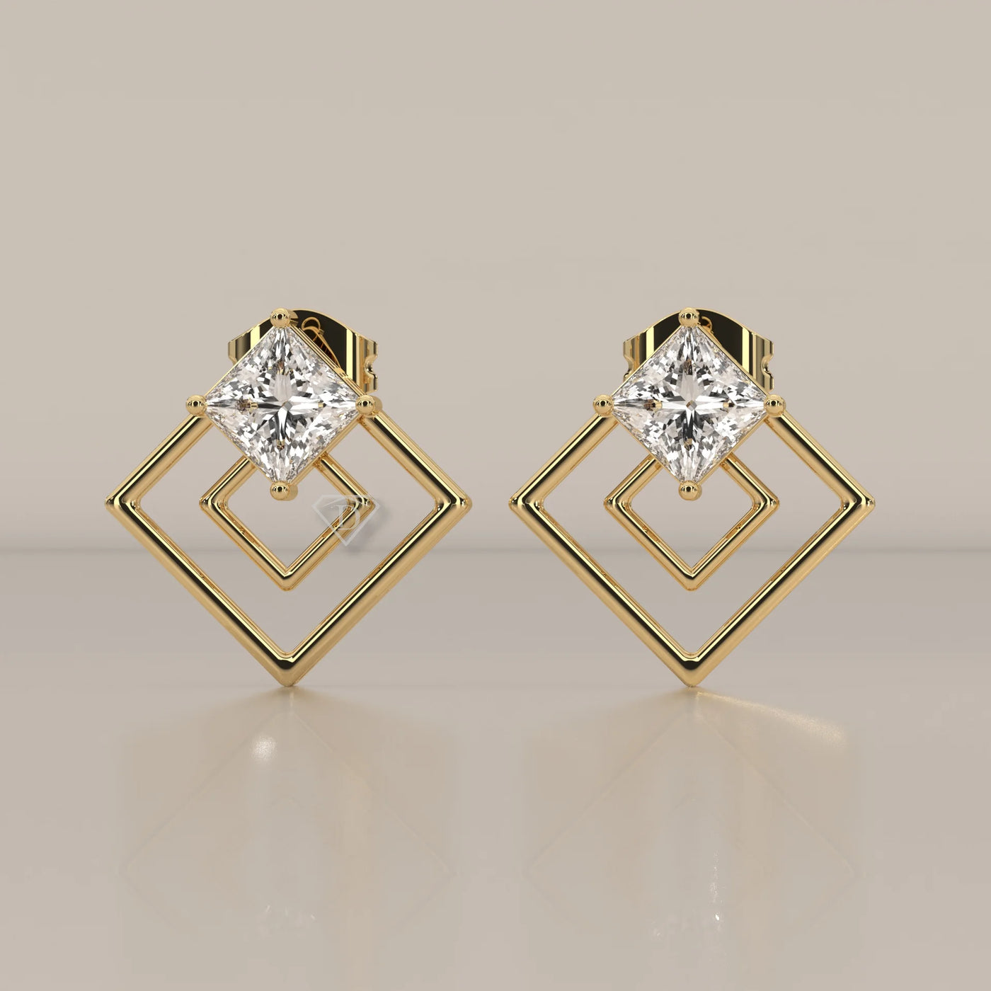 Front View: Princess Diamond Drop Earrings with Prong Setting in Yellow Gold – Lab Grown – Driona Jewels