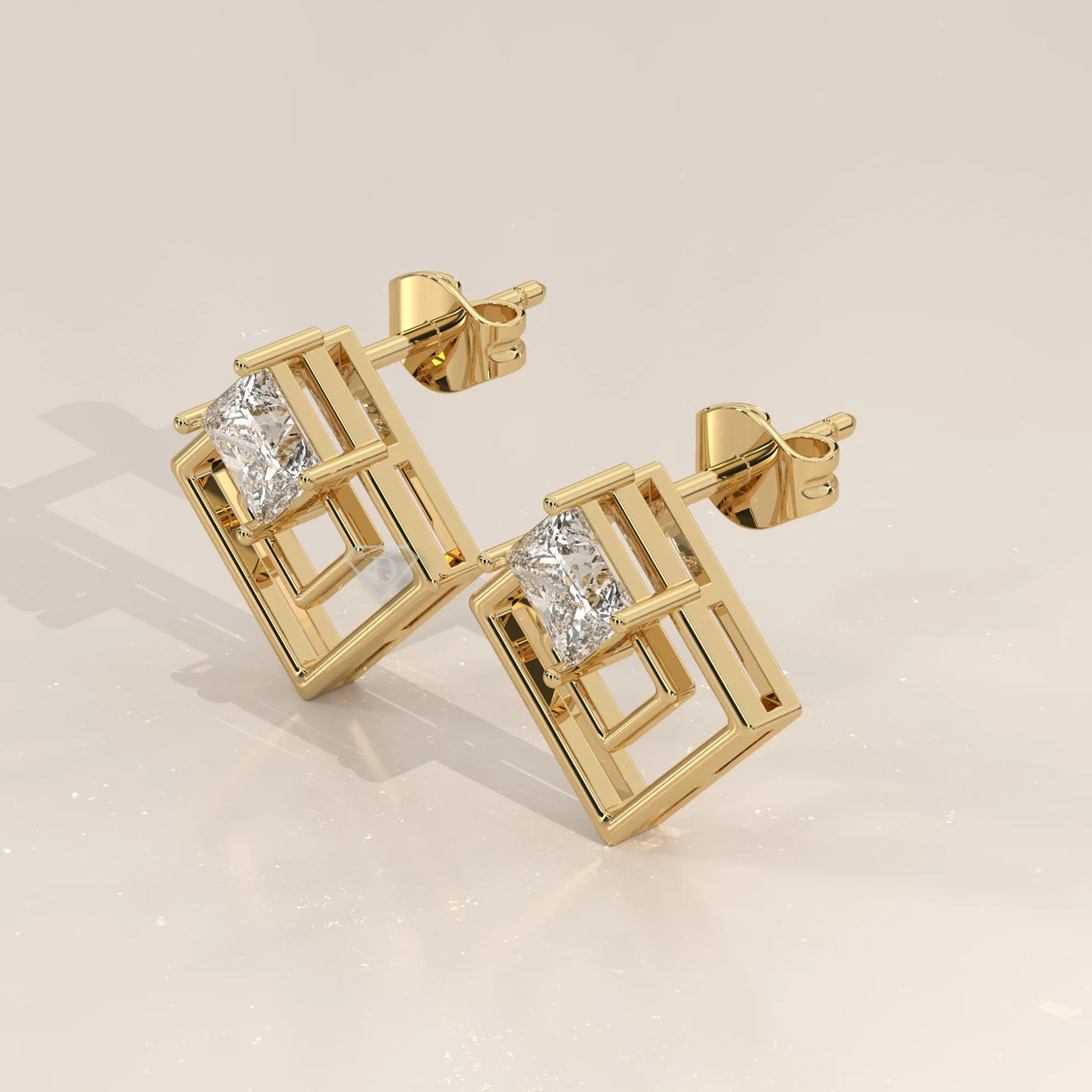 Three-Quarter View: Princess Diamond Drop Earrings with Prong Setting in Yellow Gold – Lab Grown – Driona Jewels