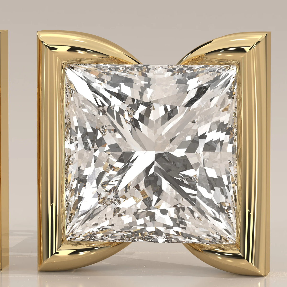 Princess Cut Half Bezel Lab Grown Diamond Studs with Flared Sides in yellow gold, front view on a plain background.