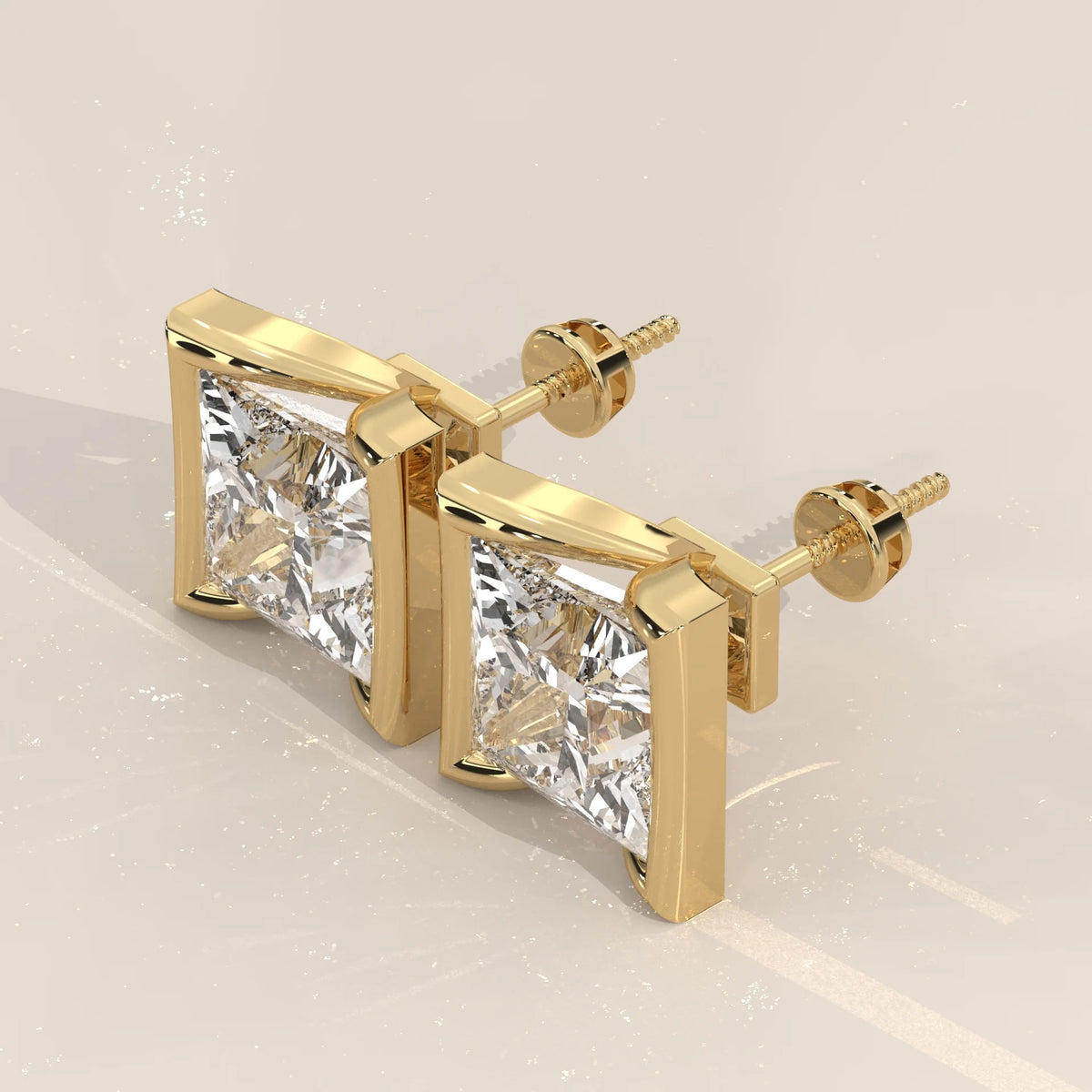 Princess Cut Half Bezel Lab Grown Diamond Studs with Flared Sides in yellow gold, shown from the side.
