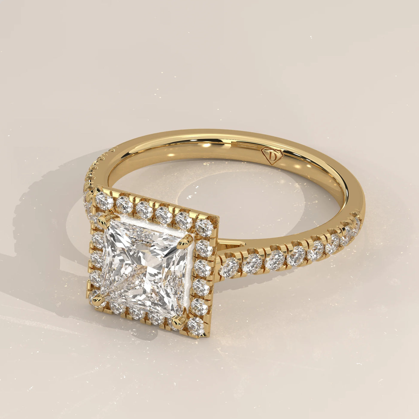 Angle View: Princess Diamond Engagement Ring with Halo Setting in Yellow Gold – Lab Grown – Driona Jewels