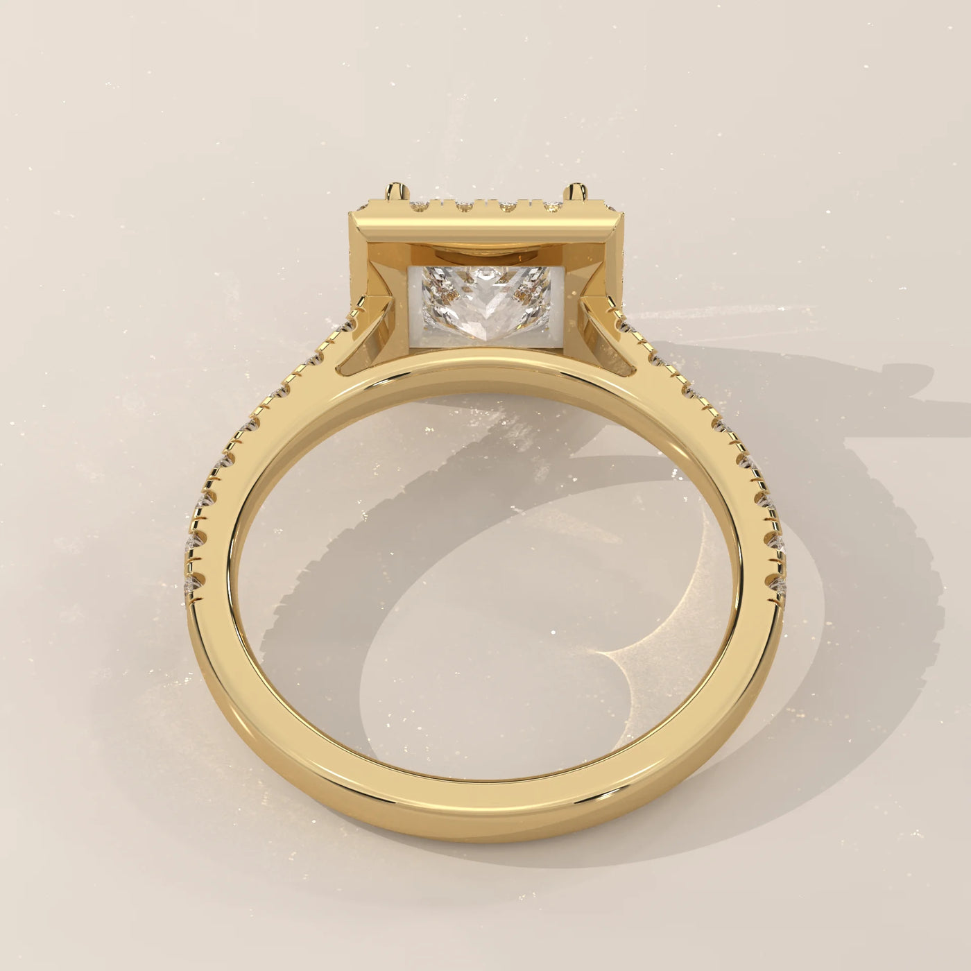 Top View: Princess Diamond Engagement Ring with Halo Setting in Yellow Gold – Lab Grown – Driona Jewels
