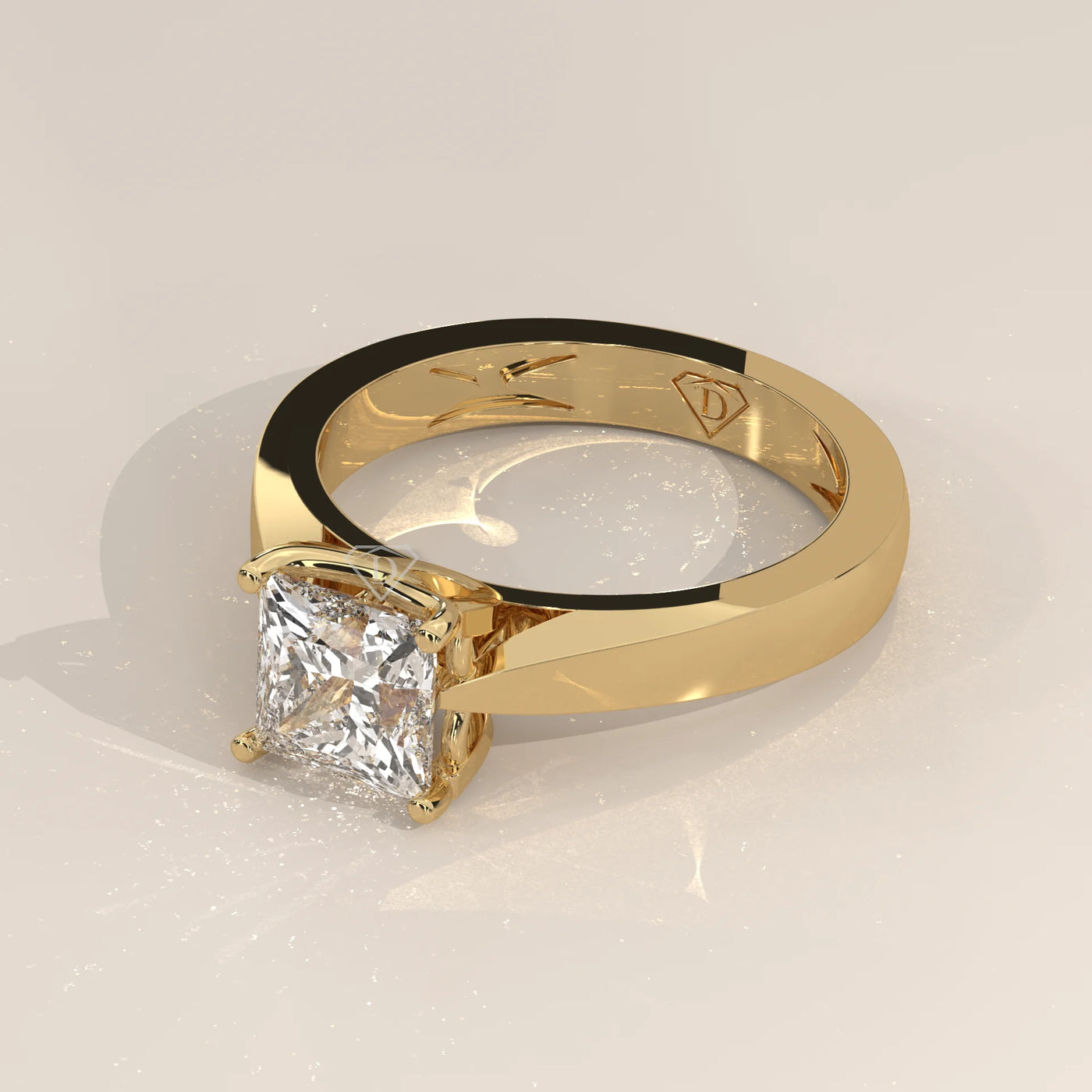 Angle View: Princess Diamond Engagement Ring with Solitaire Setting in Yellow Gold – Lab Grown – Driona Jewels