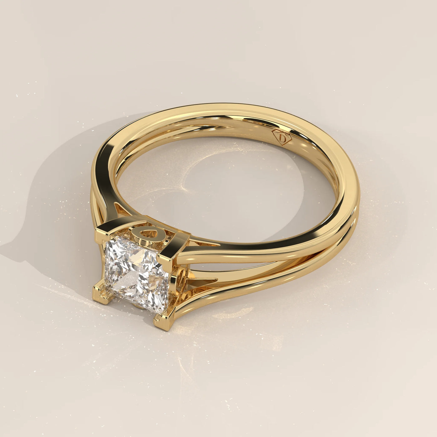 Angle View: Princess Diamond Engagement Ring with Split Shank Setting in Yellow Gold – Lab Grown – Driona Jewels