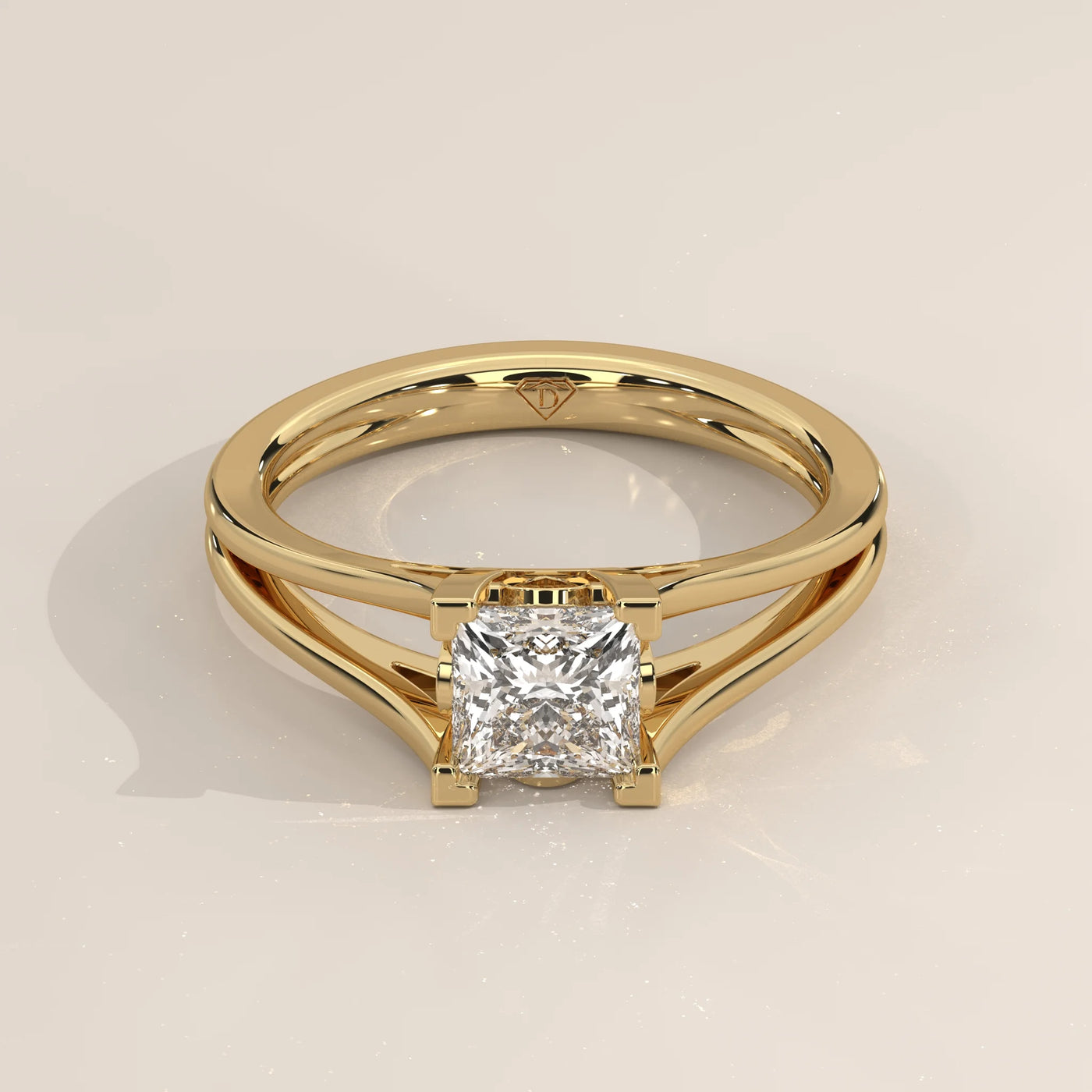Three-Quarter View: Princess Diamond Engagement Ring with Split Shank Setting in Yellow Gold – Lab Grown – Driona Jewels