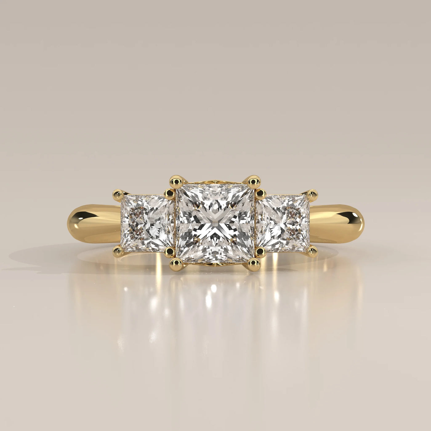 Side Profile: Princess Diamond Ring with Three-Stone Setting in Yellow Gold – Lab Grown – Driona Jewels