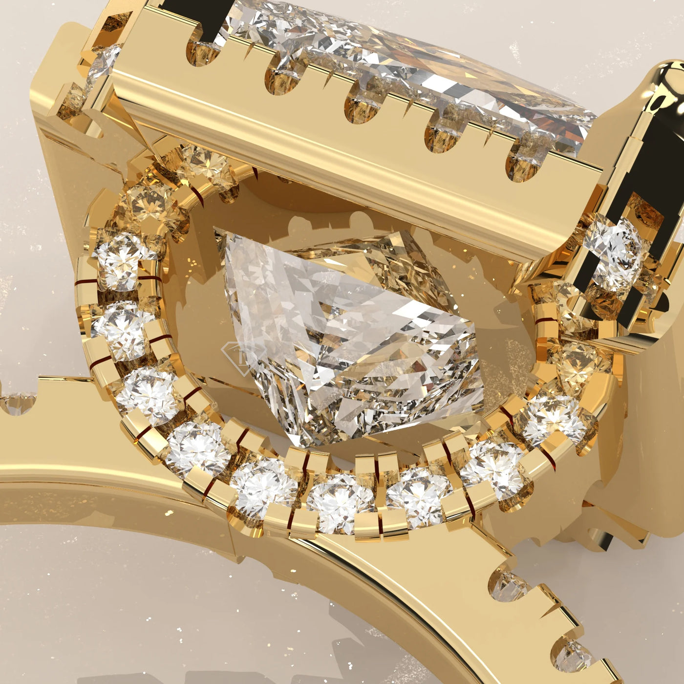 Close-Up: Princess Diamond Engagement Ring with Halo Setting in Yellow Gold – Lab Grown – Driona Jewels