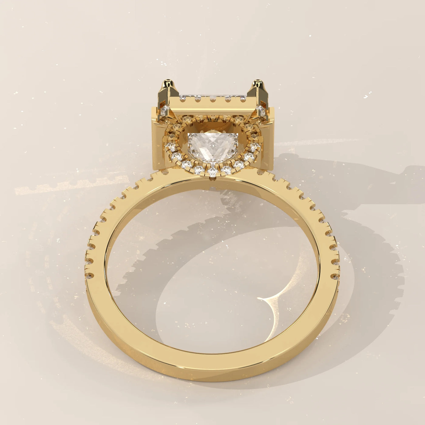 Top View: Princess Diamond Engagement Ring with Halo Setting in Yellow Gold – Lab Grown – Driona Jewels