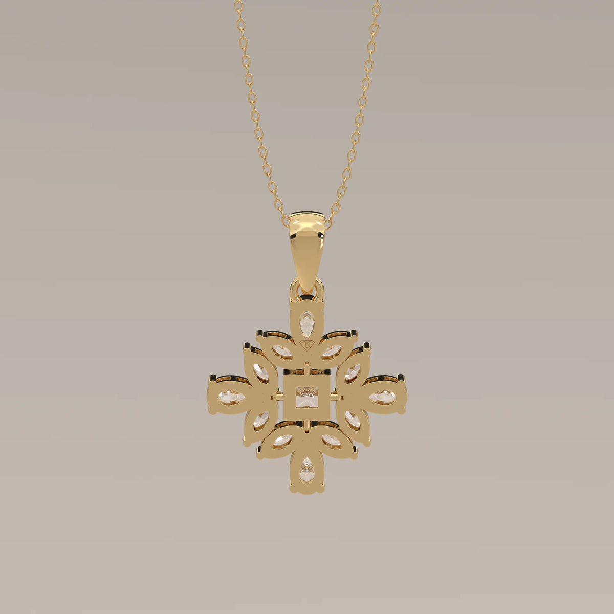 Princess Lab Grown Diamond Pendant with Marquise and Pear Petals in yellow gold, photographed head-on.
