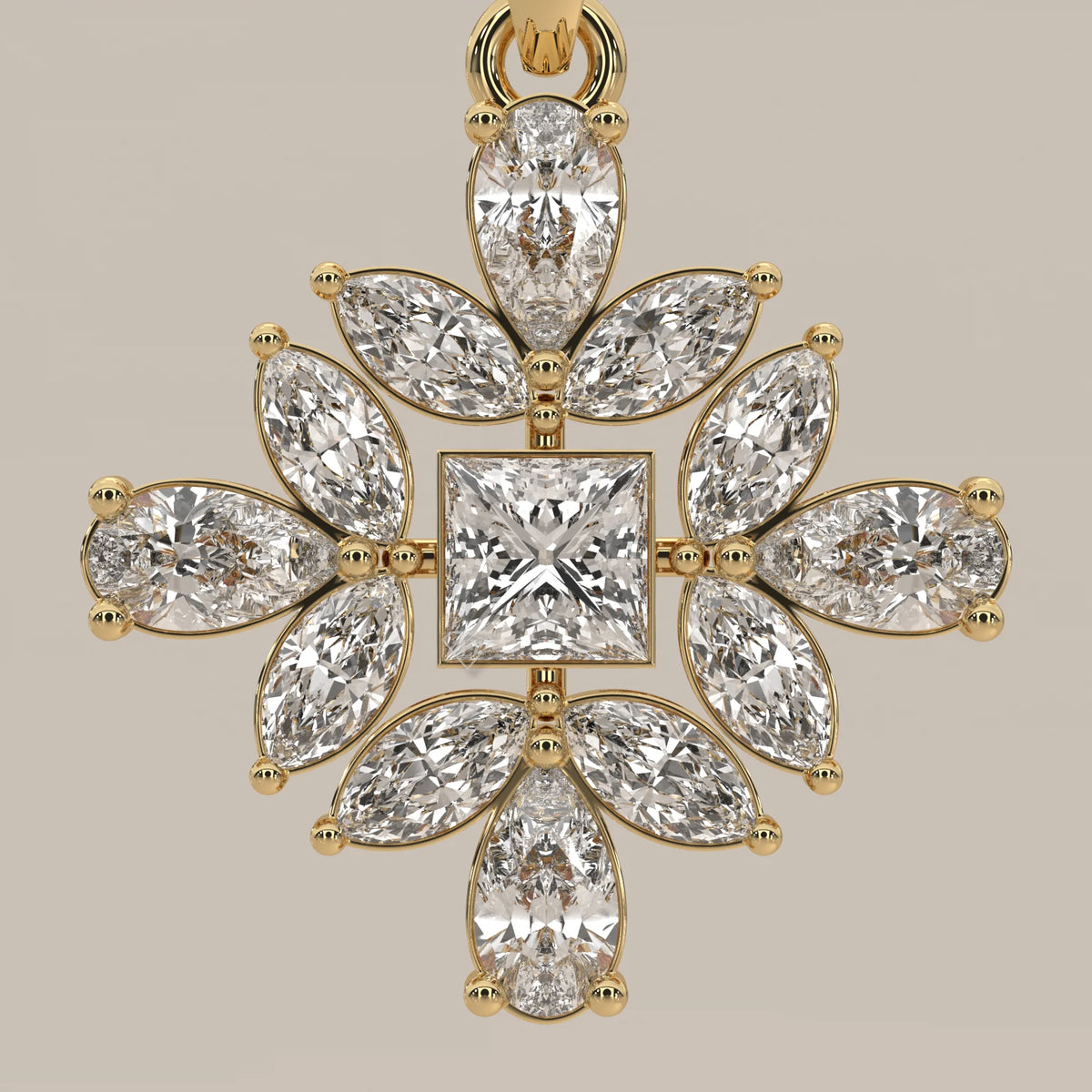 Princess Lab Grown Diamond Pendant with Marquise and Pear Petals in yellow gold, front view on a plain background.