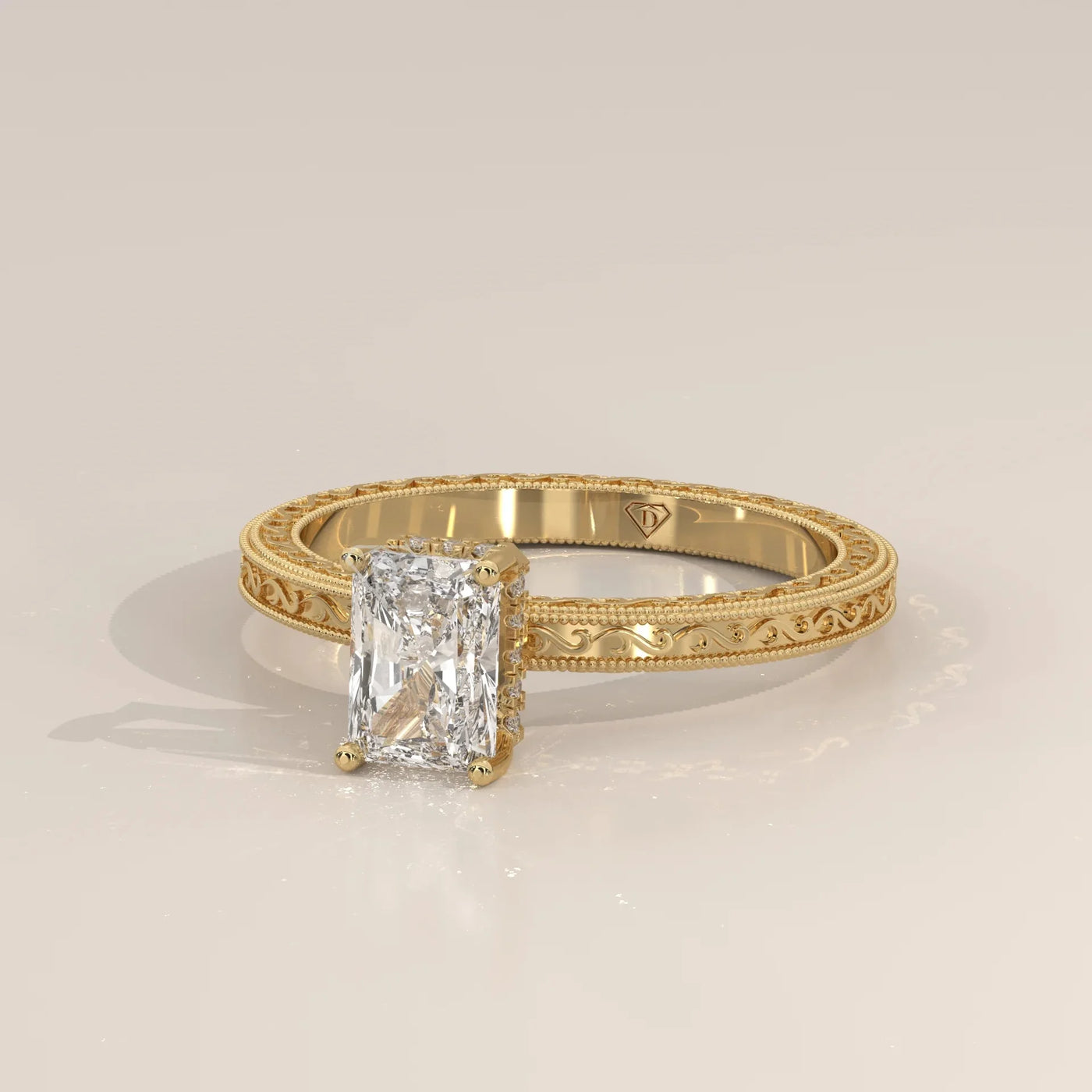 Angle View: Radiant Diamond Engagement Ring with Prong Setting in Yellow Gold – Lab Grown – Driona Jewels