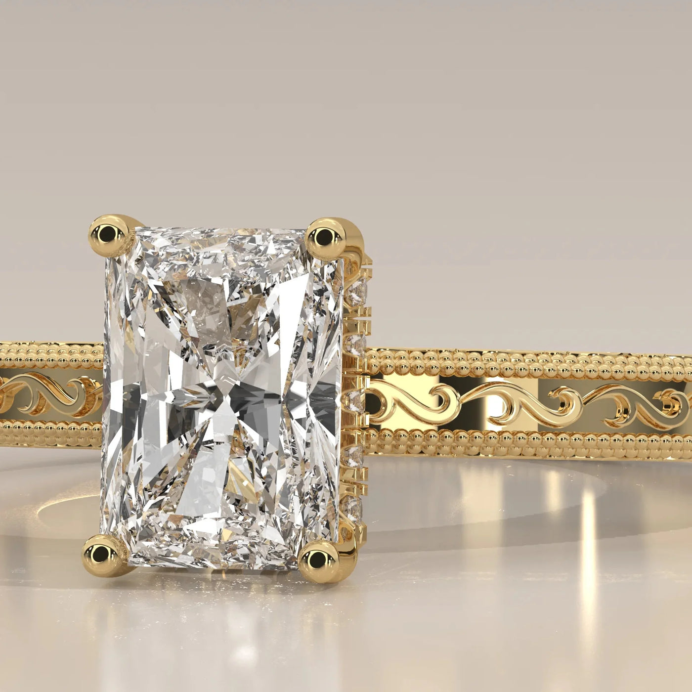 Close-Up: Radiant Diamond Engagement Ring with Prong Setting in Yellow Gold – Lab Grown – Driona Jewels