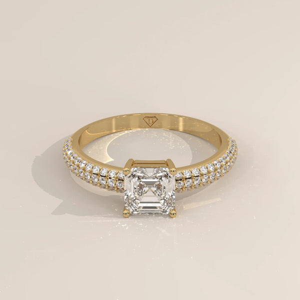 Three-Quarter View: Radiant Diamond Ring with Pavé Setting in Yellow Gold – Lab Grown – Driona Jewels