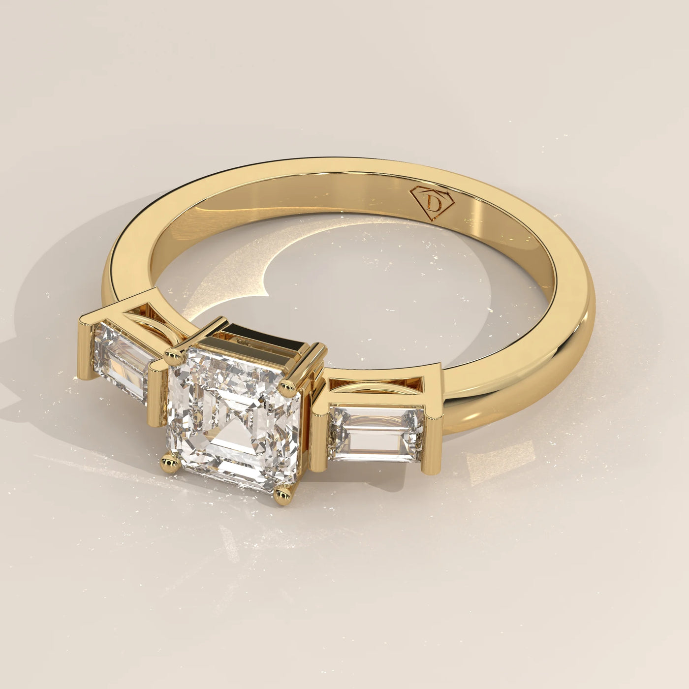 Angle View: Radiant Diamond Ring with Three-Stone Setting in Yellow Gold – Lab Grown – Driona Jewels