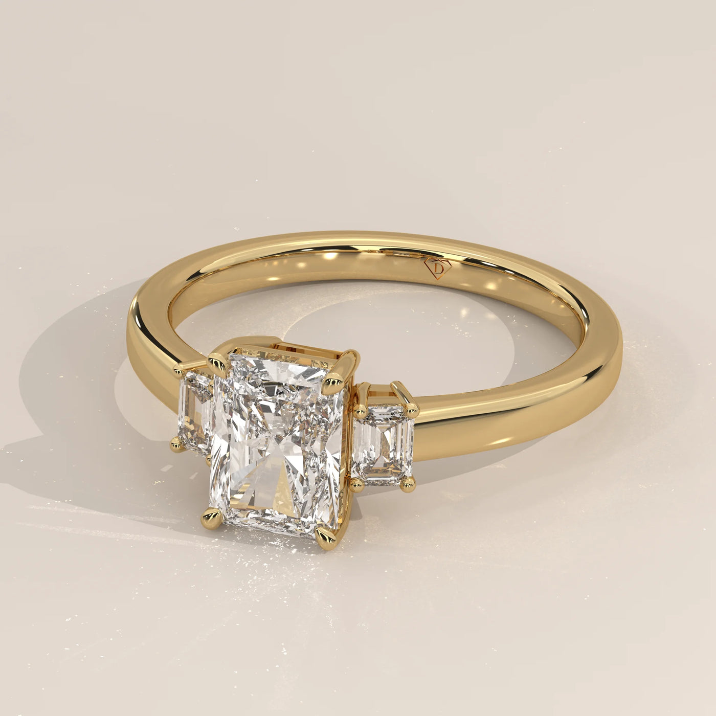Angle View: Radiant Diamond Ring with Three-Stone Setting in Yellow Gold – Lab Grown – Driona Jewels